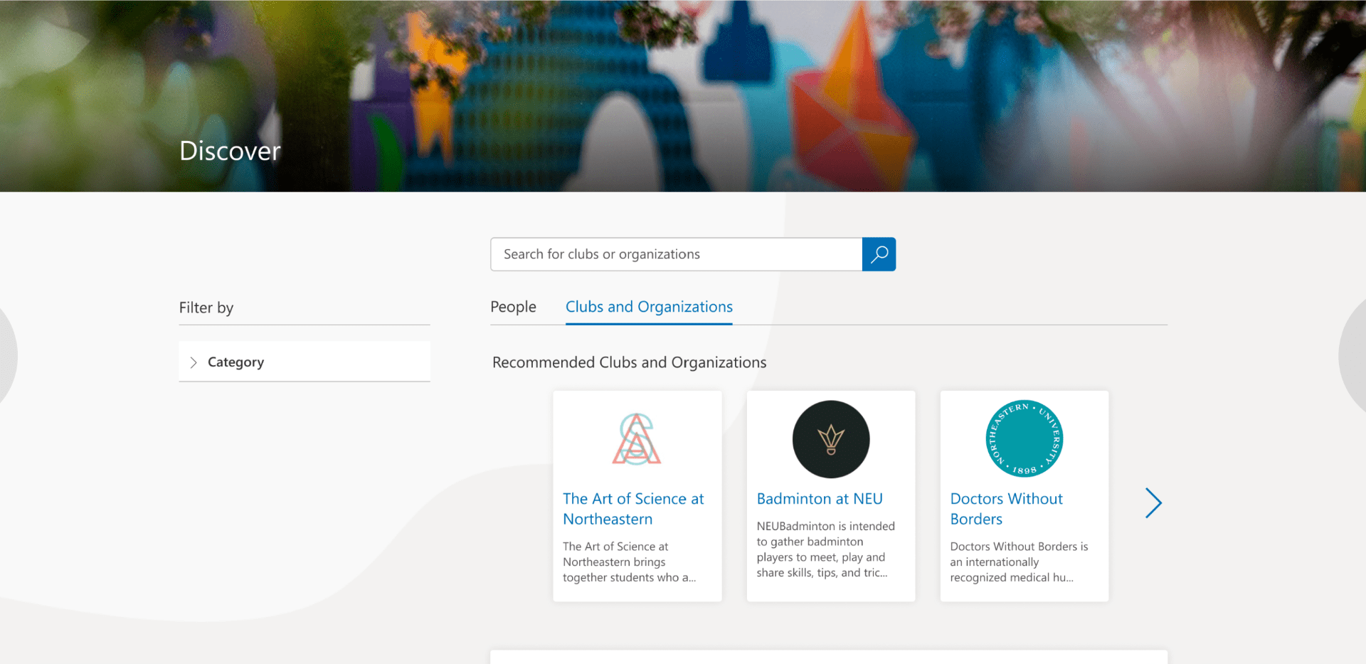 Screenshot of the Student Hub Discover Page and the Clubs and Organizations tab.