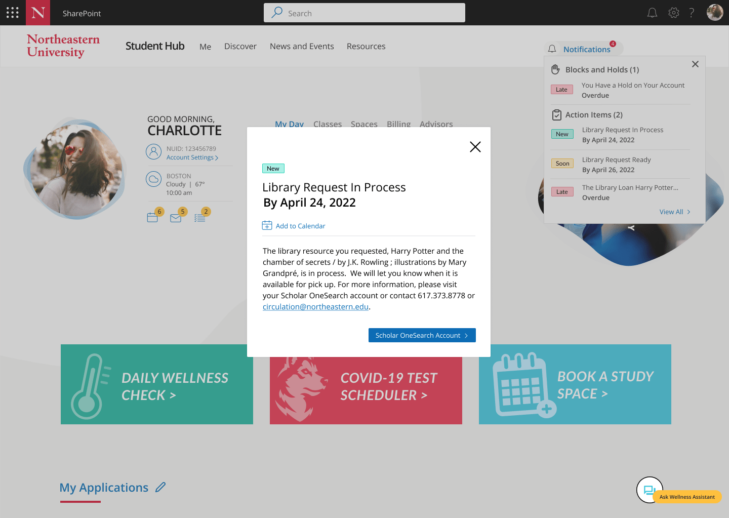 Student Hub welcome page with notification