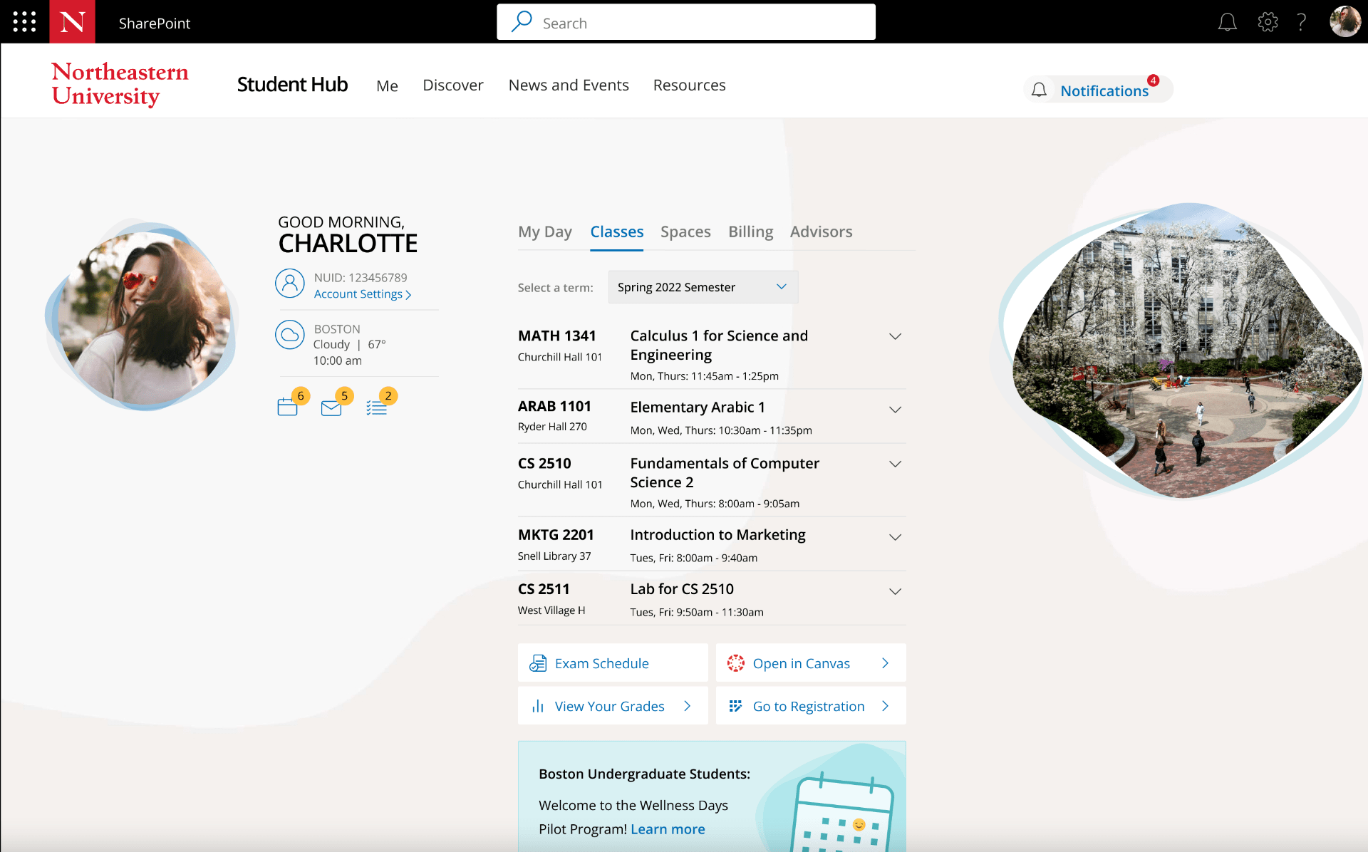 Student Hub screenshot displaying Classes tab