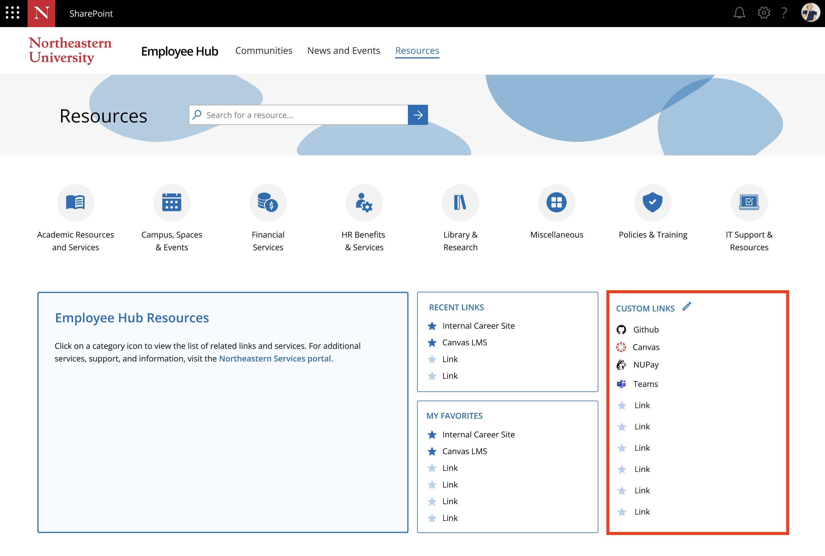 Screenshot highlighting the "Custom Links" section on the Employee Hub.